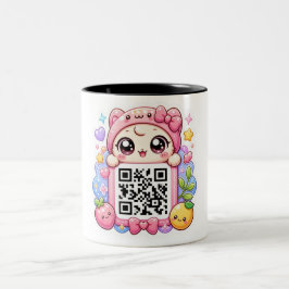 Caneca De Café Em Dois Tons Bonito Personagem de Código QR Rosa Kawaii Floral
