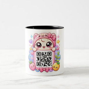 Caneca De Café Em Dois Tons Bonito Personagem de Código QR Rosa Kawaii Floral