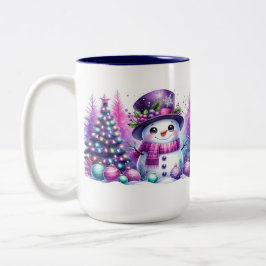 Caneca De Café Em Dois Tons Bonito Snowman cercado por Árvores de Natal