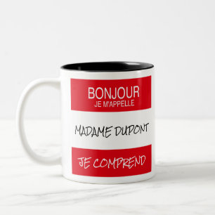 Caneca De Café Em Dois Tons "Bonjour" Nome Crachá Professor francês Gift Mug