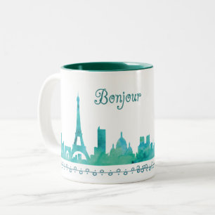 Caneca De Café Em Dois Tons Bonjour Paris Watercolor Silhouette