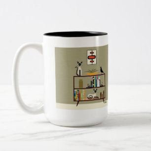 Caneca De Café Em Dois Tons Bookcase de meio século com Gatos Siameses