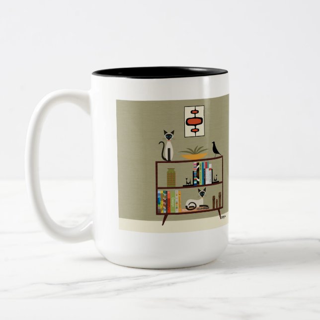 Caneca De Café Em Dois Tons Bookcase de meio século com Gatos Siameses (Esquerda)