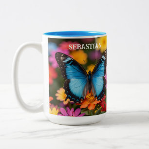 Caneca De Café Em Dois Tons Borboleta Azul Morfo Botânica Floral Personalizada