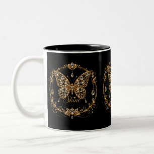 Caneca De Café Em Dois Tons Borboleta de Cristal Dourado Brilho Luxo Jóias Art