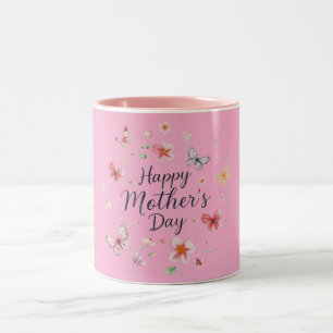 Caneca De Café Em Dois Tons Borboleta e Floral Feliz Dia das Mães