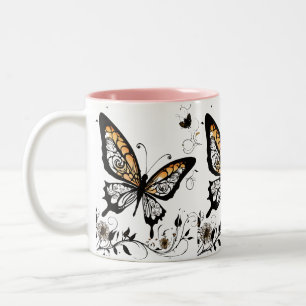 Caneca De Café Em Dois Tons Borboleta Elegante De Estilo De Arte De Tatuagem -
