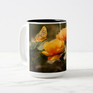 Caneca De Café Em Dois Tons Borboleta Laranja e Flores