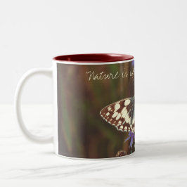 Caneca De Café Em Dois Tons Borboleta na flor