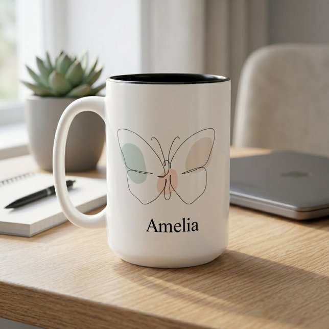 Caneca De Café Em Dois Tons Borboleta Nome Personalizado (Criador carregado)