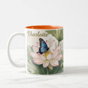 Caneca De Café Em Dois Tons Borboleta Rabo de Andorinha Azul Com Nome de Flor