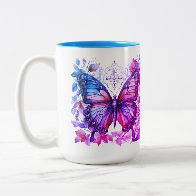 Caneca De Café Em Dois Tons Borboleta rosa rosa azul cristão sagrado (Esquerda)