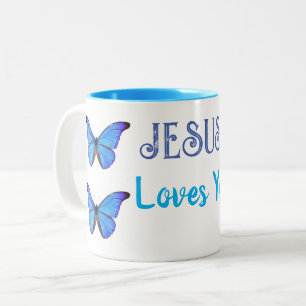 Caneca De Café Em Dois Tons Borboletas azuis Jesus te ama