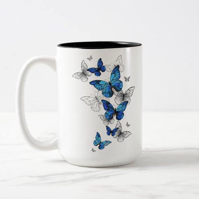 Caneca De Café Em Dois Tons Borboletas Azuis Voadoras Morpho (Esquerda)