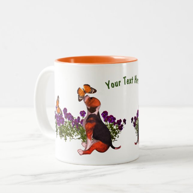 Caneca De Café Em Dois Tons Borboletas de Beagle Pansies Cute Personalizado (Frente Esquerda)