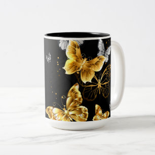 Caneca De Café Em Dois Tons Borboletas Douradas e brancas