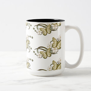 Caneca De Café Em Dois Tons Borboletas Douradas Padrões Cama Floral Decorativa