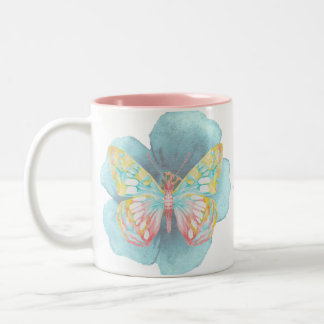 Caneca De Café Em Dois Tons Borboletas e flores de aquarelas
