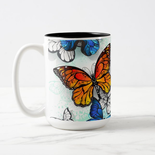 Caneca De Café Em Dois Tons Borboletas voadoras Morpho e Monarca (Esquerda)