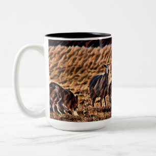 Caneca De Café Em Dois Tons Borda Collie Herding Sheep "Segurando um Solteiro"