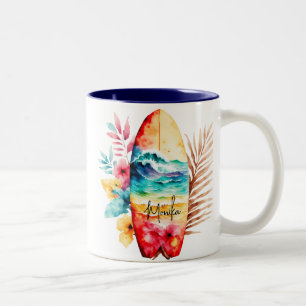 Caneca De Café Em Dois Tons Bordo de Cores Aquáticas na Onda Oceânica