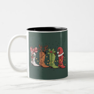 Caneca De Café Em Dois Tons Bota de Cowboy Natal Ocidental Cowgirl País Xmas