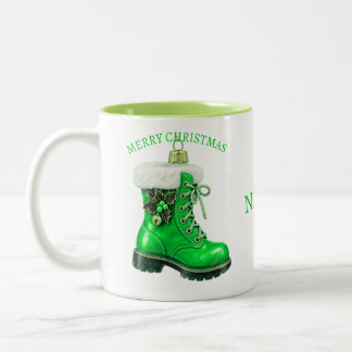 Caneca De Café Em Dois Tons Bota Festiva Verde Natal Feliz