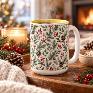 Caneca De Café Em Dois Tons Botânica de Inverno em Aquarela Pinheiro e Frutas
