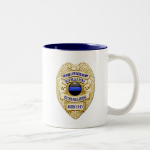 Caneca De Café Em Dois Tons Botão brilhante de linha azul fino e Crachá Dourad