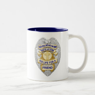 Caneca De Café Em Dois Tons Botão brilhante de linha azul fino e Crachá Dourad