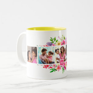 Caneca De Café Em Dois Tons Bright Blooms 5 Colagem de Fotos Monogramada