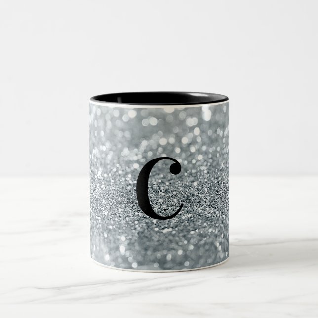 Caneca De Café Em Dois Tons Brilho Prata Branco Bokeh Glam Moderno Brilho (Centro)
