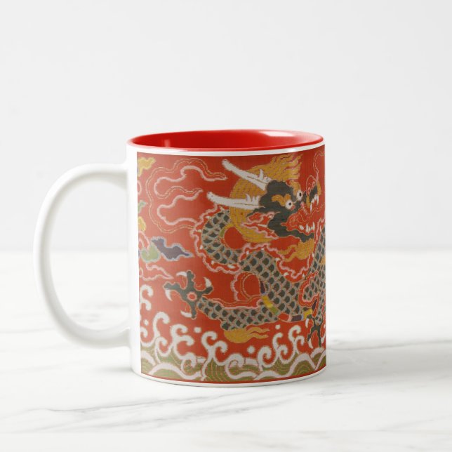 Caneca De Café Em Dois Tons Brocade Red Satin com Dragão Chinês na Nuvem (Esquerda)