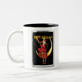 Caneca De Café Em Dois Tons Bruxa Boa Nostálgica de Halloween e seu Gato