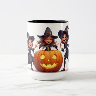 Caneca De Café Em Dois Tons Bruxa Dançando Ao Pé Da Abóbora 🎃