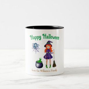 Caneca De Café Em Dois Tons Bruxa e aranha Nome Personalizado Halloween