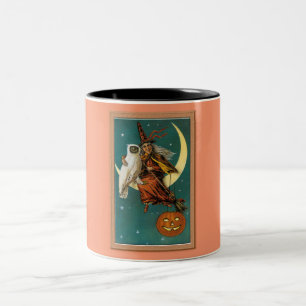 Caneca De Café Em Dois Tons Bruxa e Coruja Nostálgicas Feliz Halloween