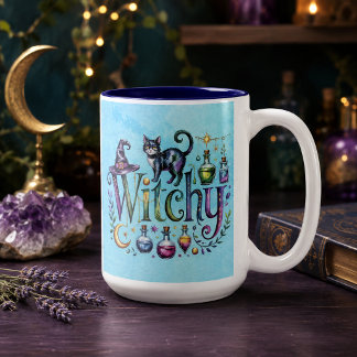 Caneca De Café Em Dois Tons Bruxa Encantada Apothecary de Gato Aquarela