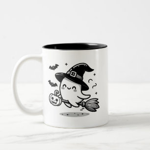 Caneca De Café Em Dois Tons Bruxa Fantasma Fofa com Abóbora & Vassoura Duas