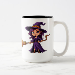 Caneca De Café Em Dois Tons Bruxa Fofa Segurando Vassoura Para Diversão de Hal