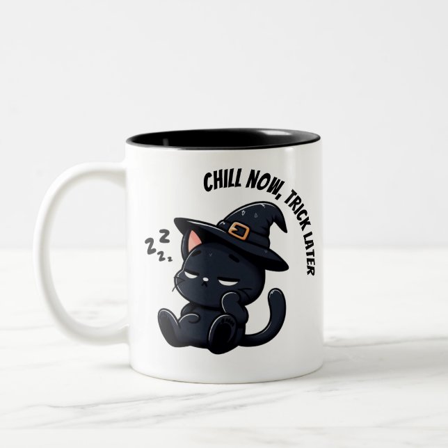 Caneca De Café Em Dois Tons Bruxa Gata Sonolenta Zzz Halloween  (Esquerda)