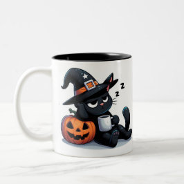 Caneca De Café Em Dois Tons Bruxa Gatinha Sonolenta & Abóbora Halloween 