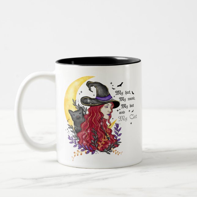 Caneca De Café Em Dois Tons Bruxa, Gato Negro e Lua Crescente (Esquerda)