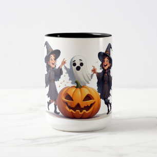 Caneca De Café Em Dois Tons Bruxas Felizes Celebrando a Noite de Halloween ✨