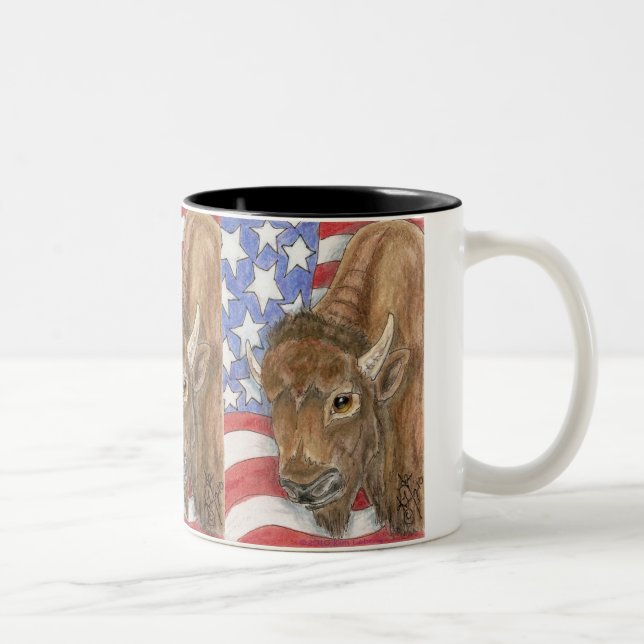 Caneca De Café Em Dois Tons Búfalo patriótico e bandeira americana (Direita)