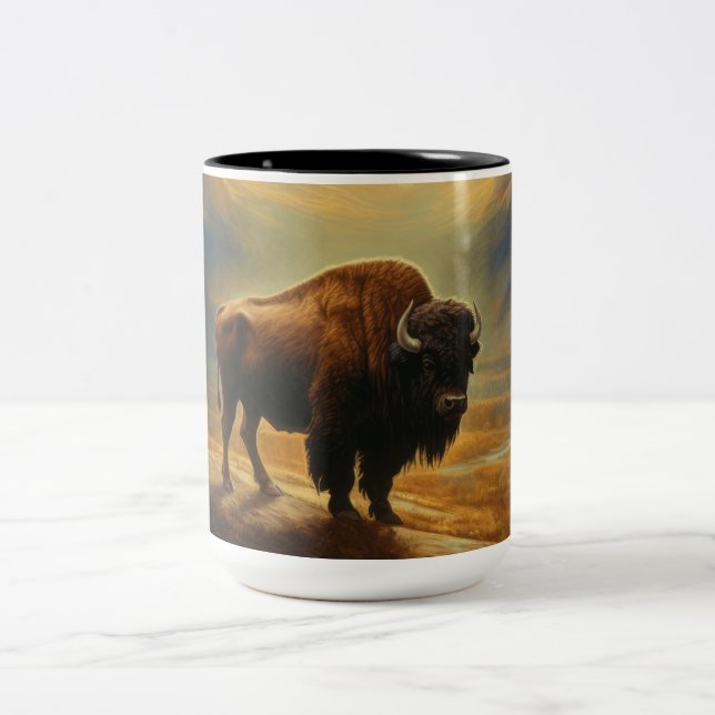 Caneca De Café Em Dois Tons Buffalo Bison Sunset Silhouette (Centro)