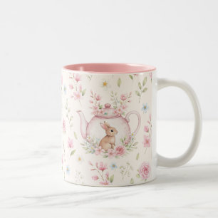 Caneca De Café Em Dois Tons Bule de Chá Coelho Caprichoso Floral Primavera 