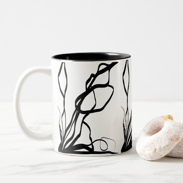 Caneca De Café Em Dois Tons Buquê Blanc: Abstrato branco e preto (Com Donut)