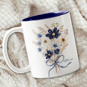 Caneca De Café Em Dois Tons Buquê de Flores Azul Marinho Aquarela Personalizad