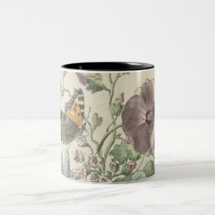 Caneca De Café Em Dois Tons Buquê de Flores com uma Borboleta Dama Pintada,